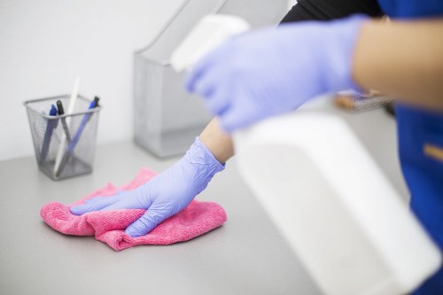 Cleaner preparing safe cleaning equipment with protective gear
