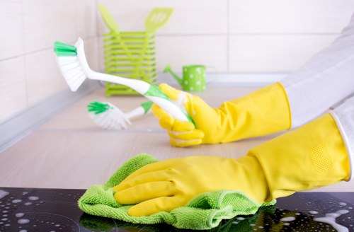 Cleaner checking equipment and preparing a safe work area